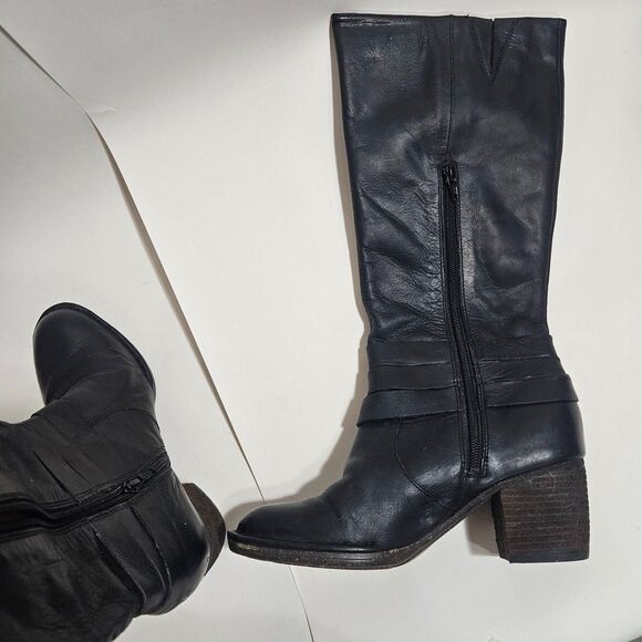 Naya Gazelle Leather Boots Black Block Heel Mid Calf 7.5 Women's Bikercore - Picture 10 of 13